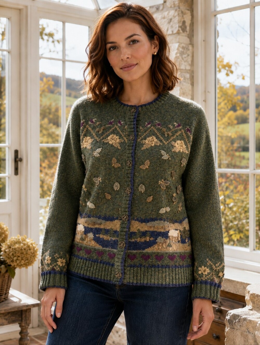 Vintage Jessica 100% Wool Scenic Cottage Novelty Cardigan Size 12